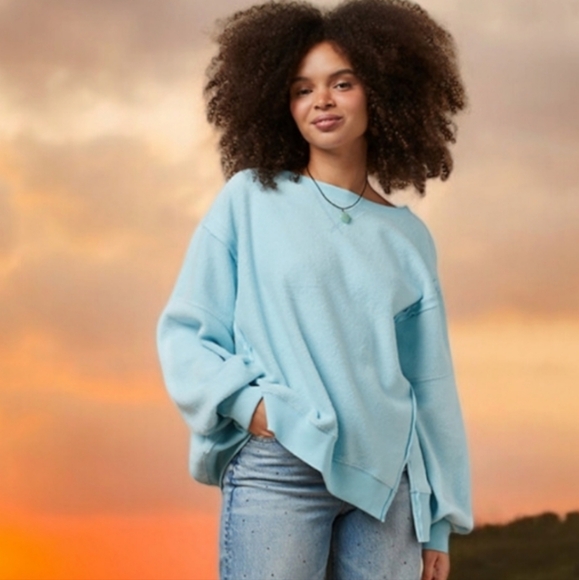American Eagle Outfitters Tops - Restocked Nwt AE Blue Big Hug Reverse Fleece Sweatshirt Sz Large